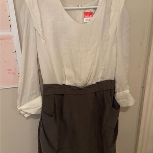Two-Tone Cream and Brown Long Sleeve Dress with Scoop Neck